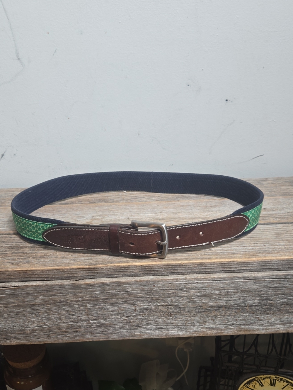 Vineyard Vines Leather And Fabric Green Silk Shamrock Belt